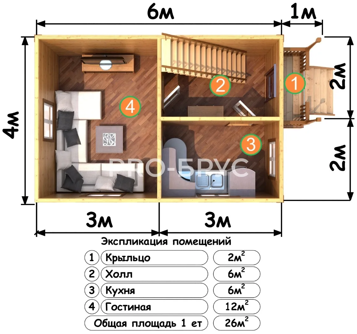 Проект дома из бруса - 4х6 - «Матвеево» - 44 м² - вид справа