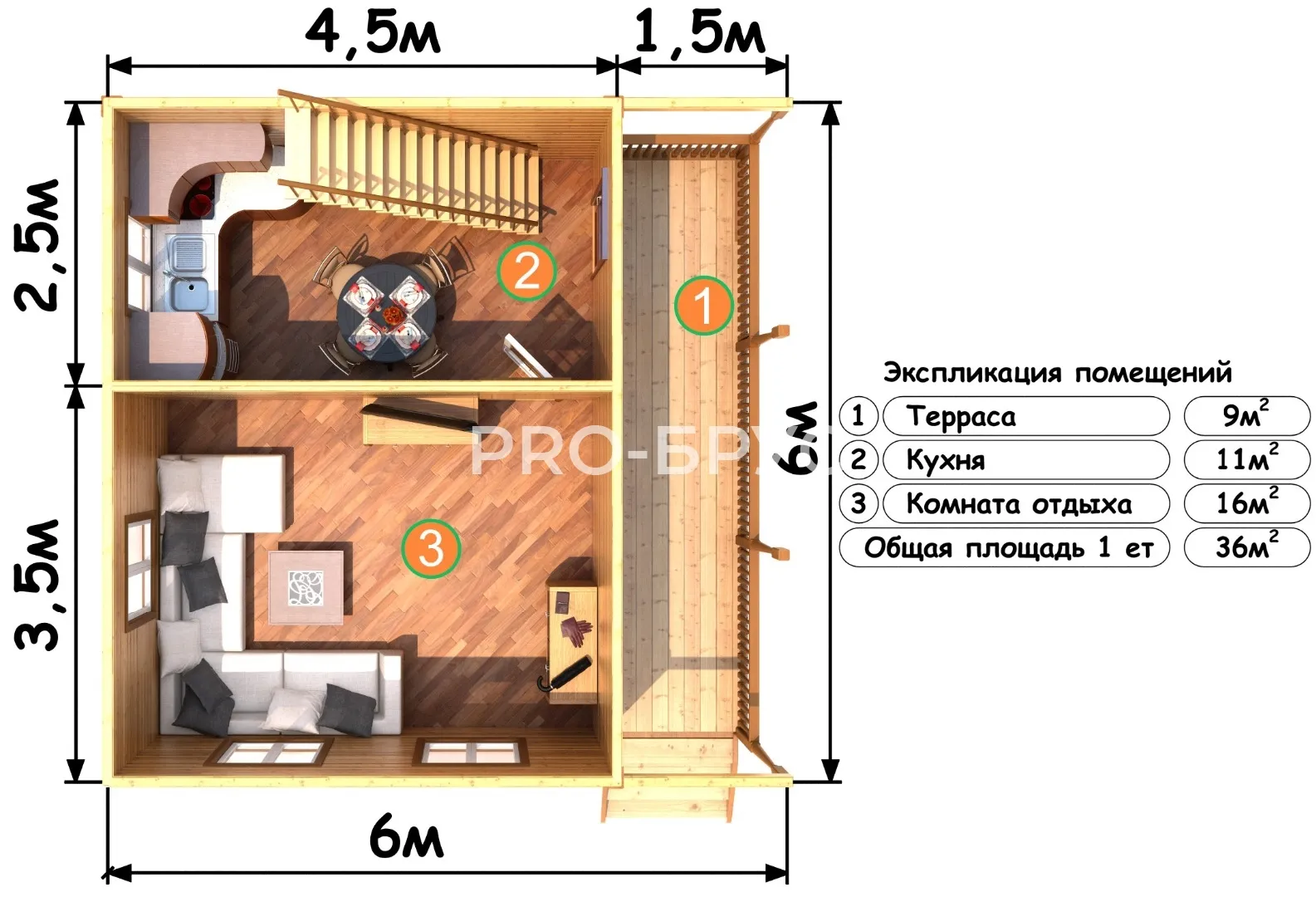 Проект дома из бруса - 6х6 - «Николо-Шанга» - 63 м² - вид справа