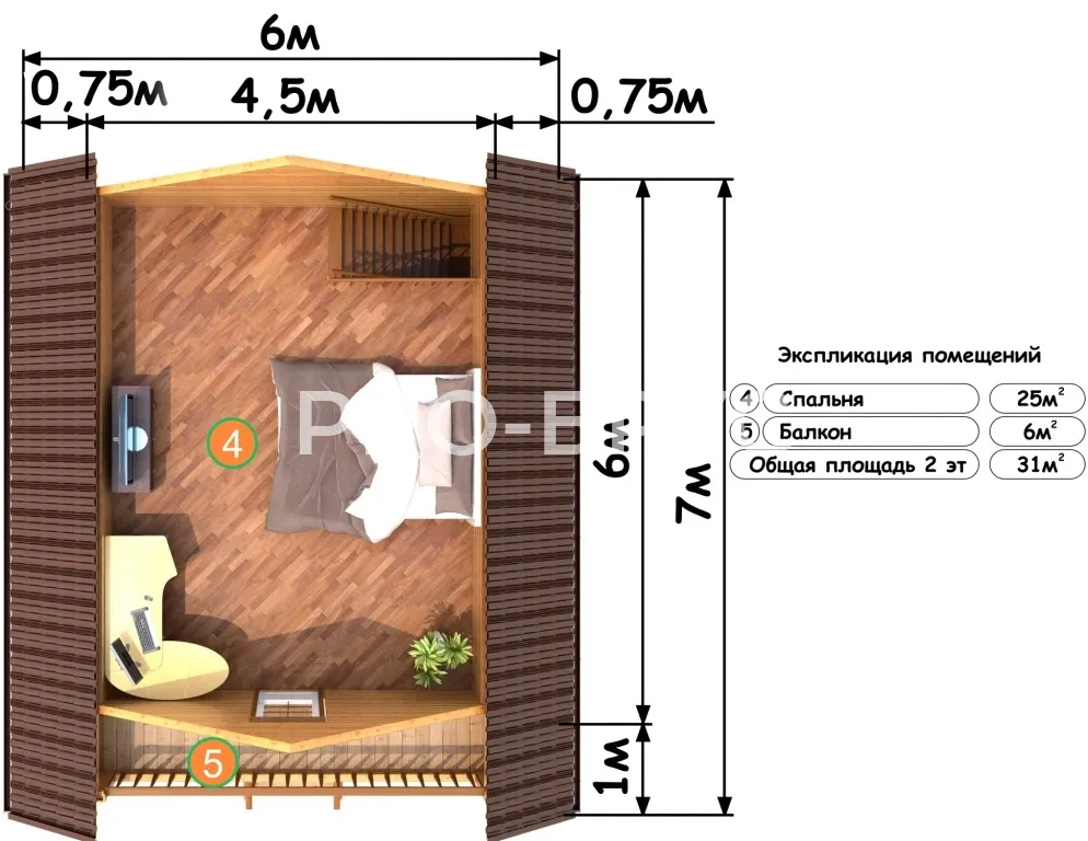 Проект дома из бруса - 6х7 - «Полдневица» - 73 м² - планировка первого этажа