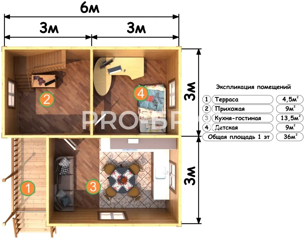 Проект дома из бруса - 6х6 - «Верхнеспасское» - 61 м² - вид справа