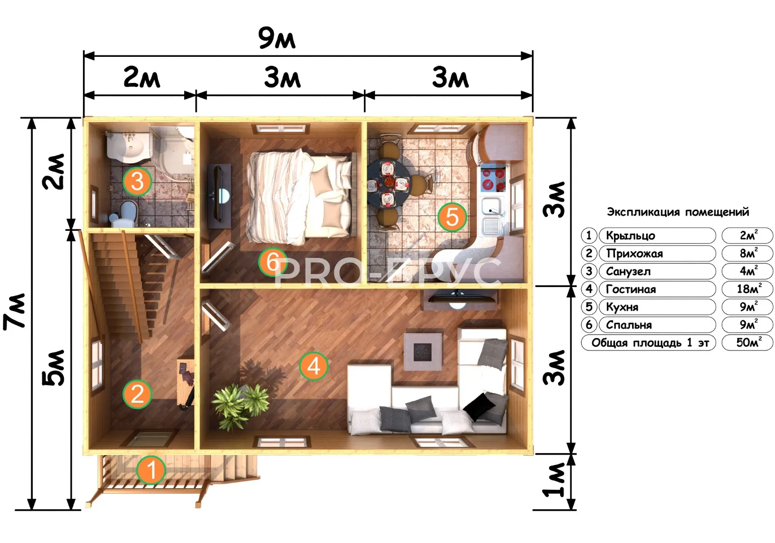 Проект дома из бруса - 7х9 - «Шеметово» - 86 м² - вид справа