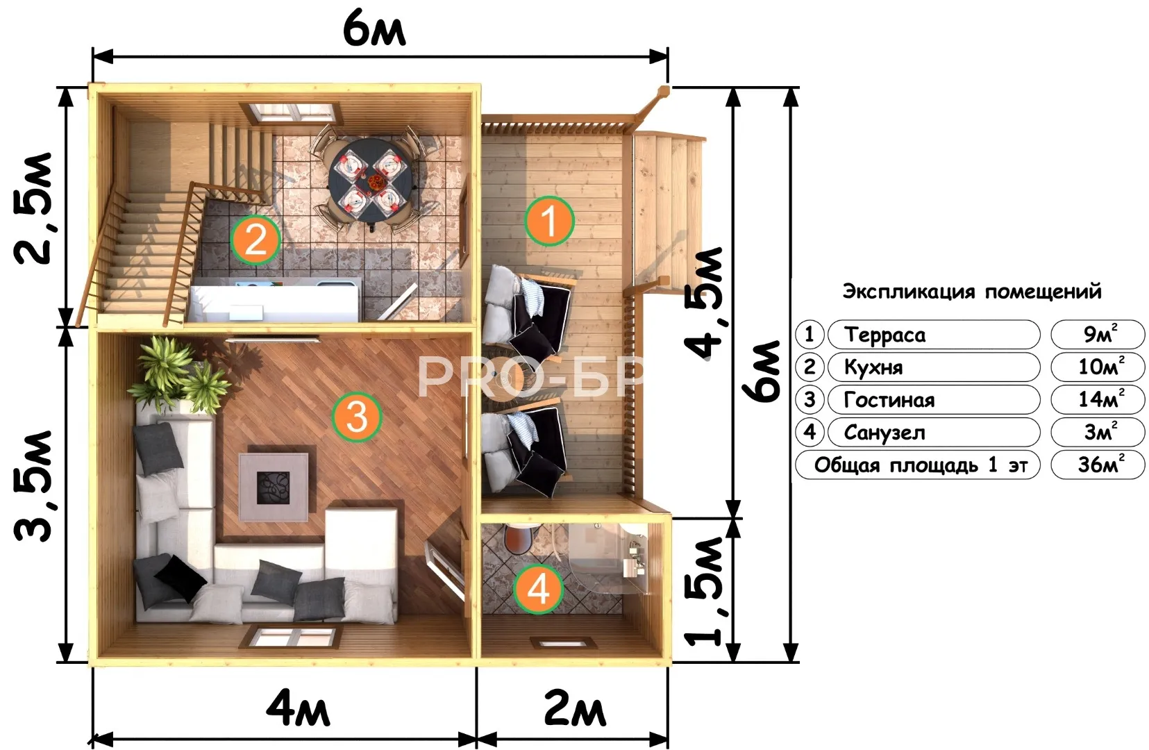Проект дома из бруса - 6х6 - «Денисово» - 63 м² - вид справа