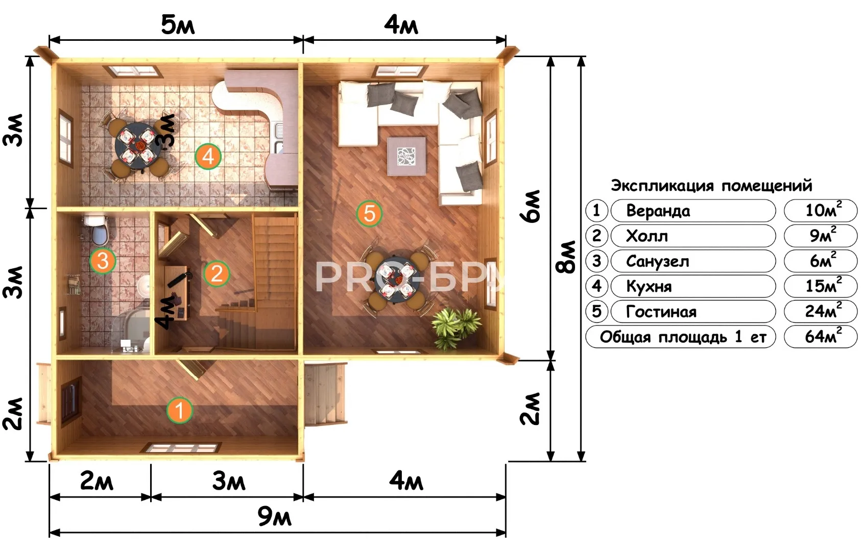Проект дома из бруса - 8х9 - «Калинки» - 103 м² - вид справа