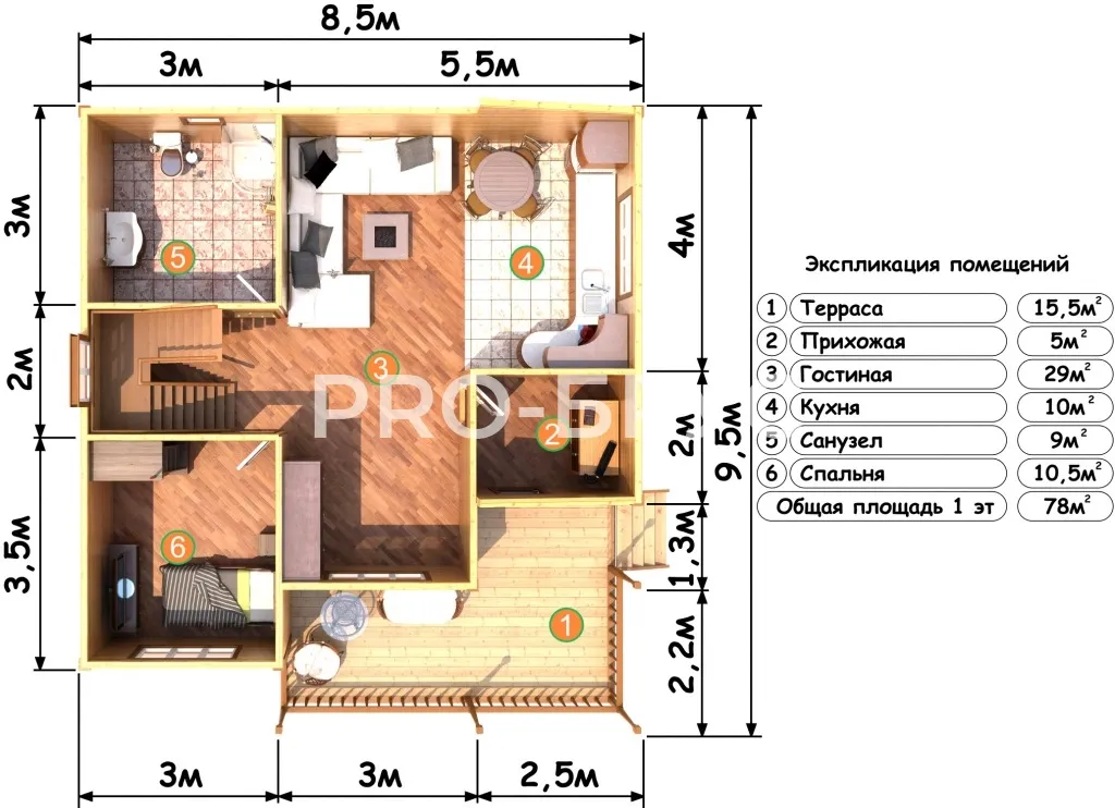 Проект дома из бруса - 8х9 - «Константиново» - 121 м² - вид справа