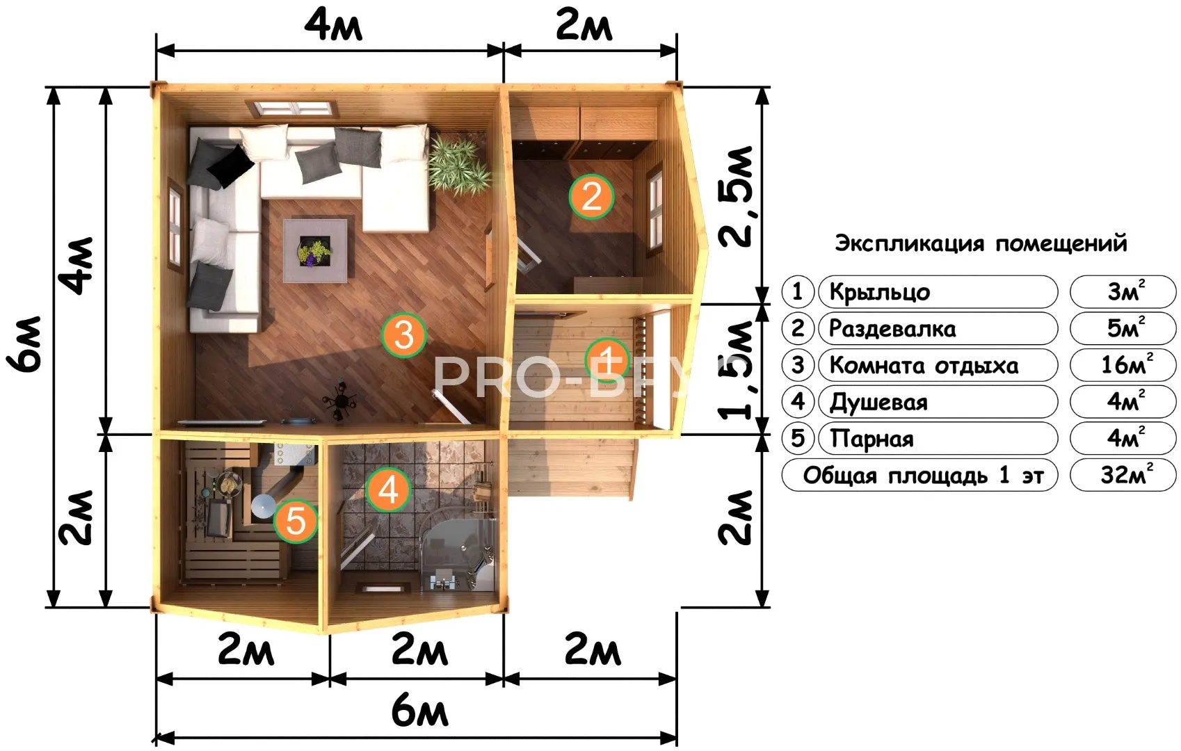 Проект дома из бруса - 6х6 - «Кудиново» - 32 м² - вид справа