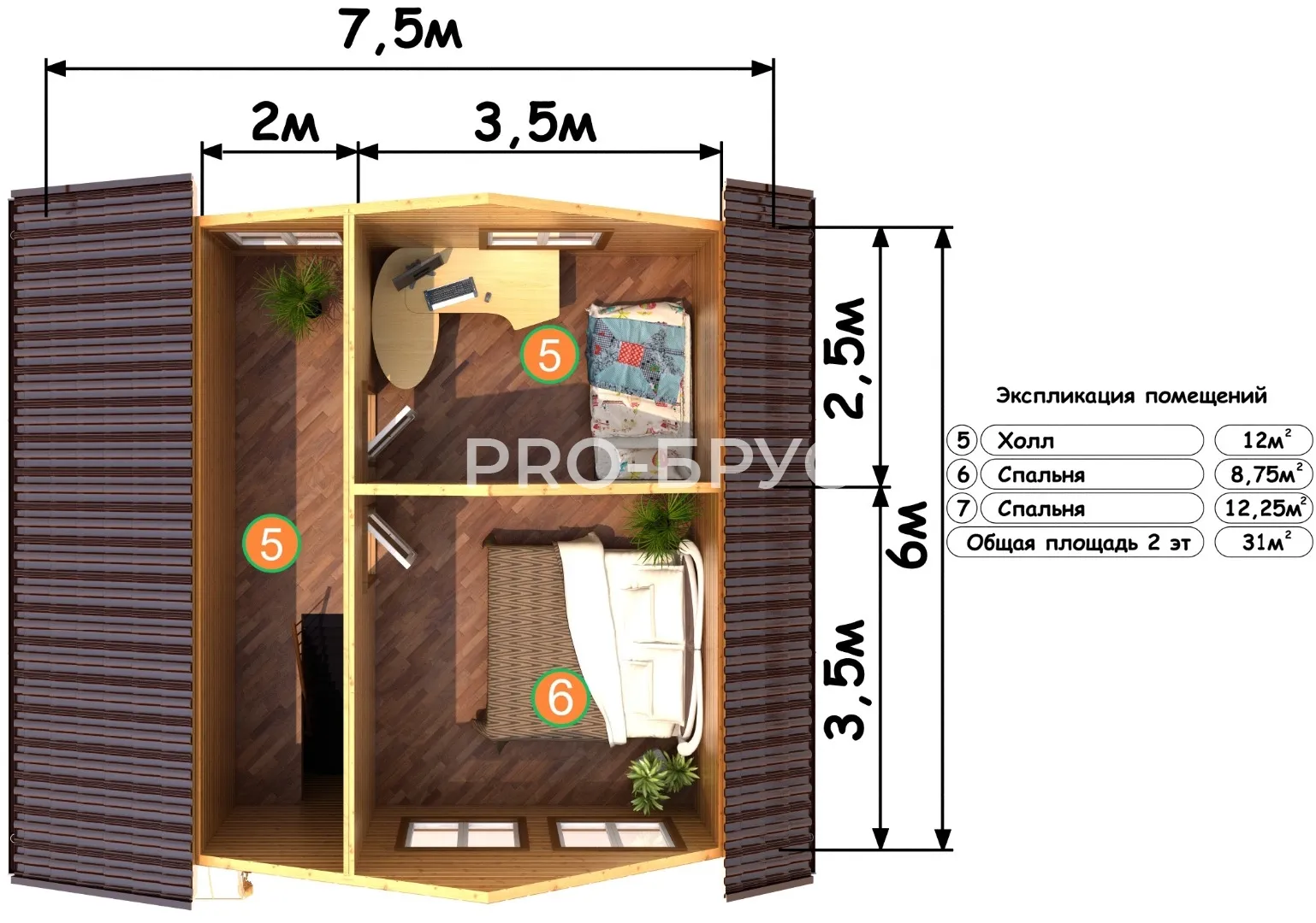 Проект дома из бруса - 6х7 - «Растуново» - 73 м² - планировка первого этажа