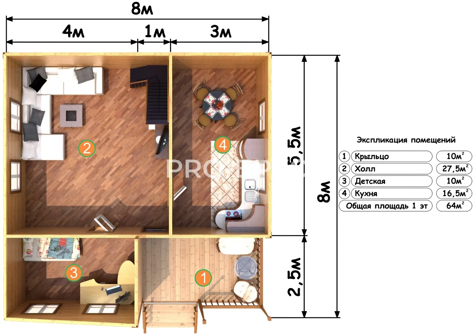 Проект дома из бруса - 8х8 - «Талица» - 106 м² - вид справа