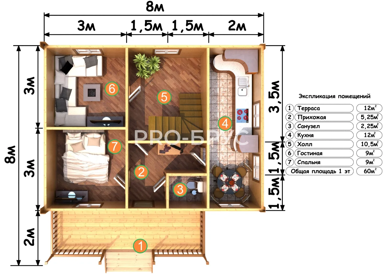 Проект дома из бруса - 8х8 - «Крёкшино» - 90 м² - вид справа