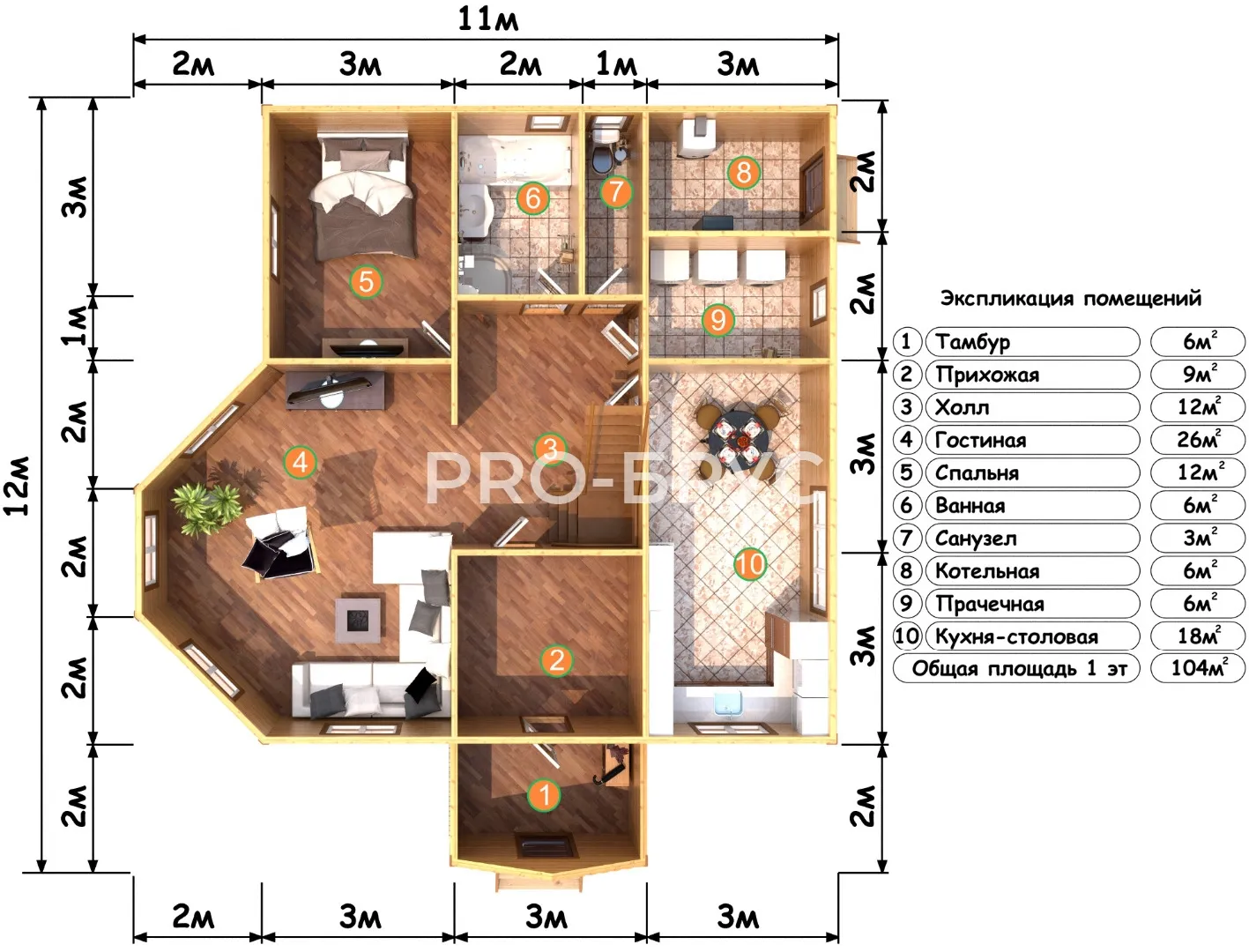Проект дома из бруса - 11х12 - «Барвиха» - 200 м² - вид справа