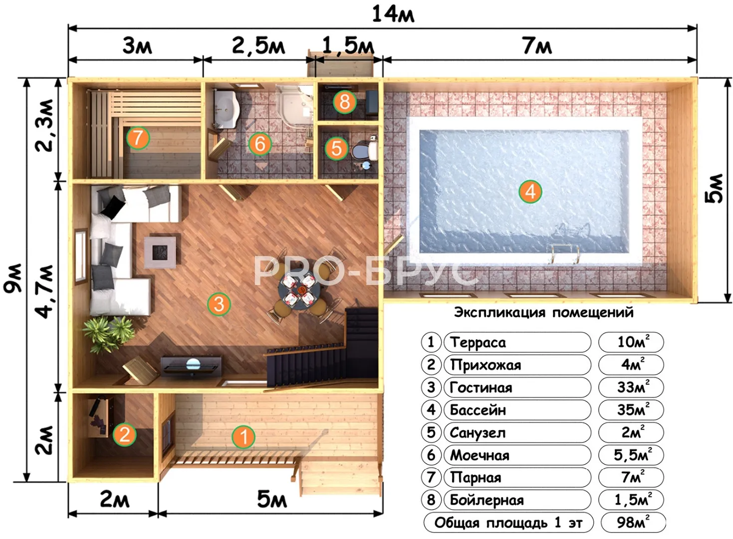 Проект дома из бруса - 9х14 - «Зайцево» - 145 м² - вид справа