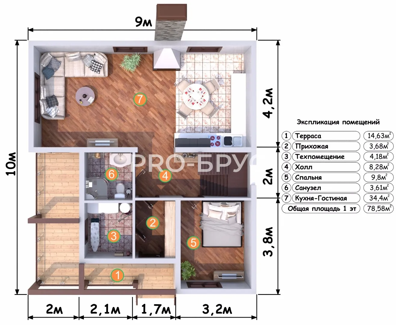 Проект дома из бруса - 9х10 - «Аксиньино» - 142 м² - вид справа