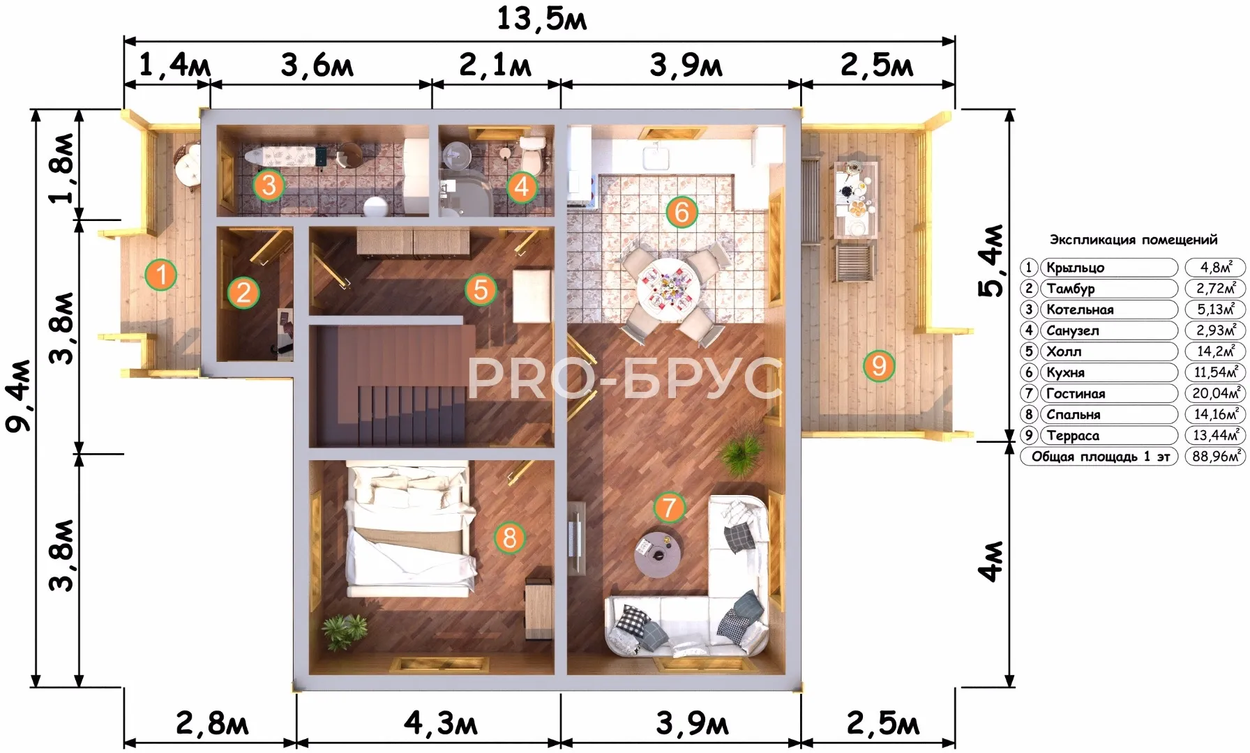 Проект дома из бруса - 9х13 - «Гущино» - 155 м² - вид справа