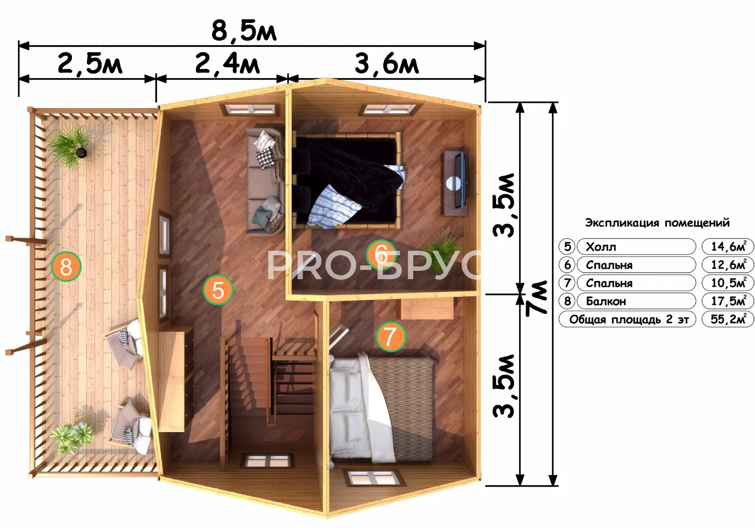 Проект дома из бруса - 7х8 - «Густомесово» - 115 м² - планировка первого этажа