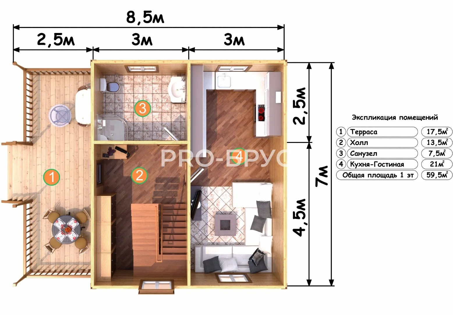 Проект дома из бруса - 7х8 - «Густомесово» - 115 м² - вид справа