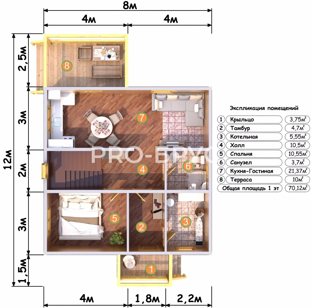 Проект дома из бруса - 8х12 - «Клязьма» - 121 м² - вид справа