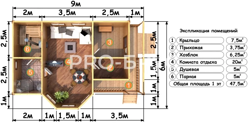 Проект бани из бруса - 6х9 - «Карабаново» - 47 м² - вид справа