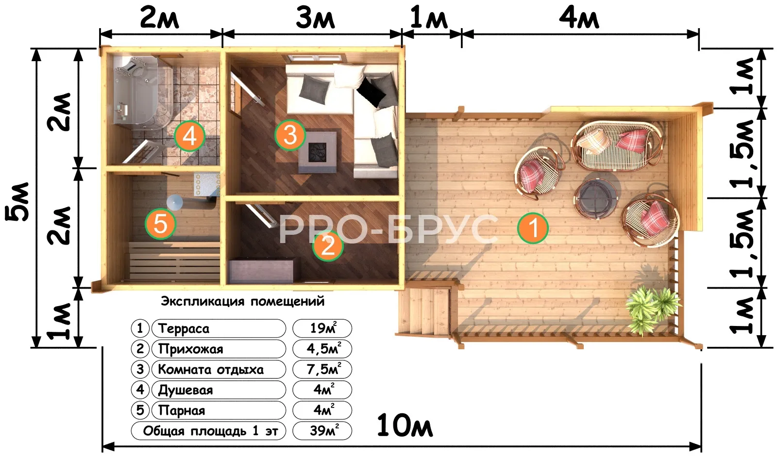 Проект бани из бруса - 5х10 - «Пустынь» - 39 м² - вид справа