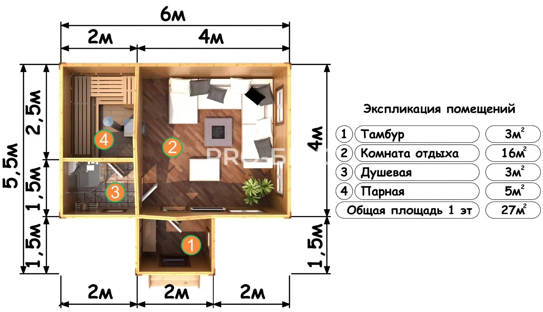 Проект бани из бруса - 5х6 - «Дрожжино» - 27 м² - вид справа