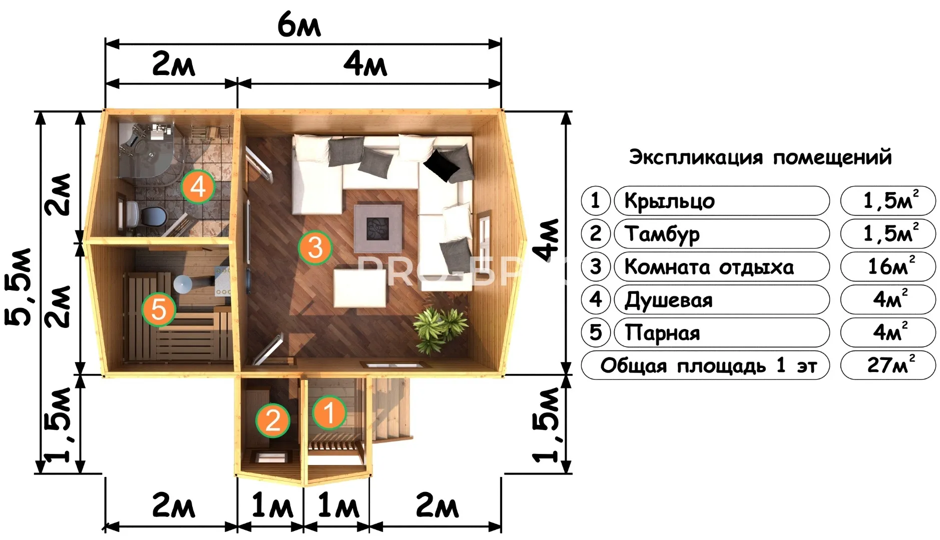 Проект бани из бруса - 5х6 - «Пеньки» - 27 м² - вид справа