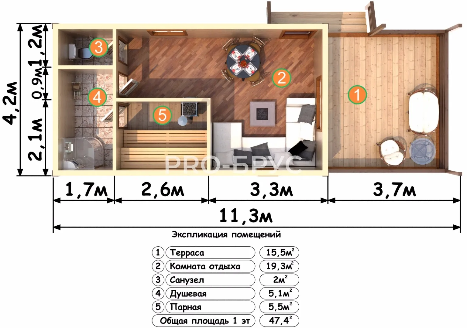Проект бани из бруса - 4х11 - «Николо-Березовец» - 47 м² - вид справа